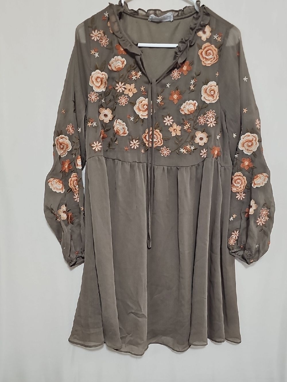 Embroidered Long Sleeve Tunic Dress - Olive with Peach Floral